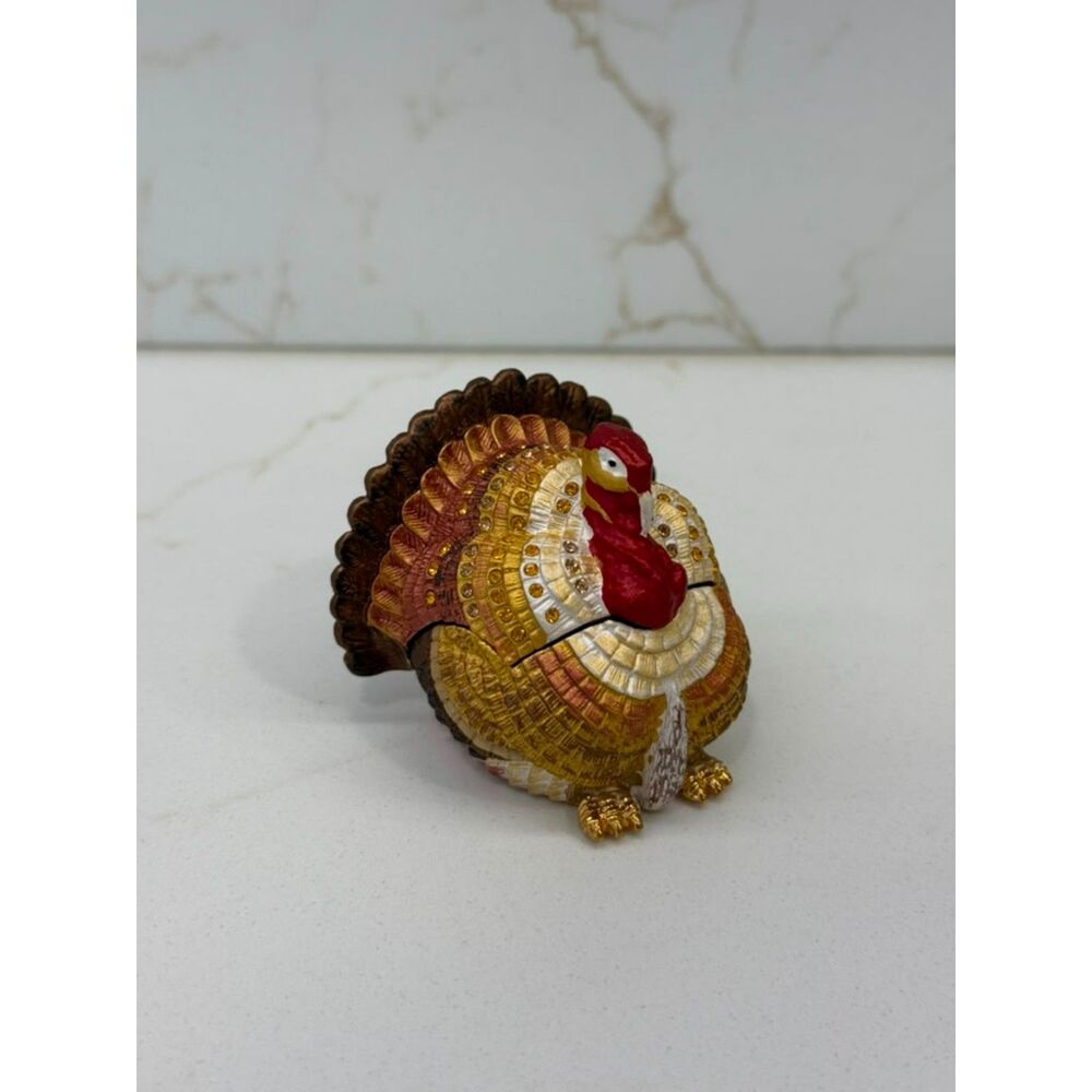 Brand New Vintage Bejeweled Enameled Turkey Hinged Trinket Box Thanksgiving